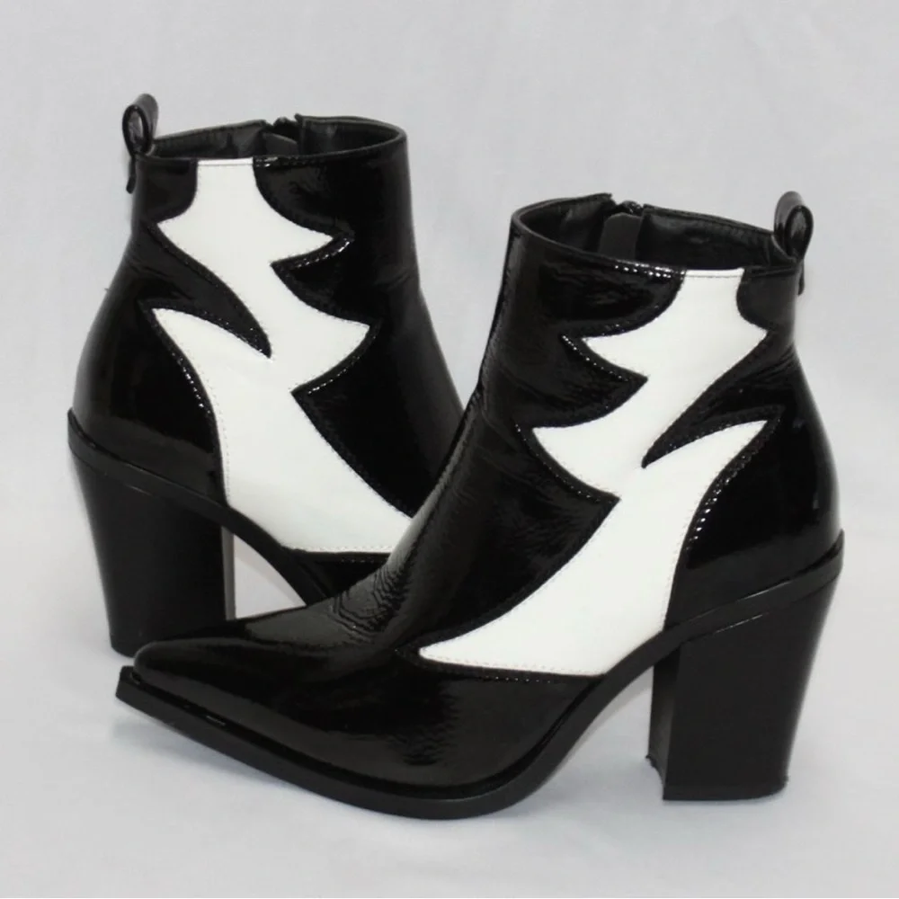RARE Jeeini of Paris Black and‎ White Patent Leather Heel Ankles Boots 8.5